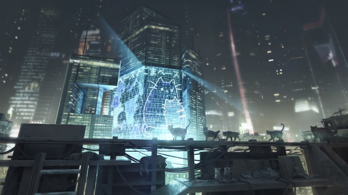 Cats on a rooftop in a futuristic city with cat holograms