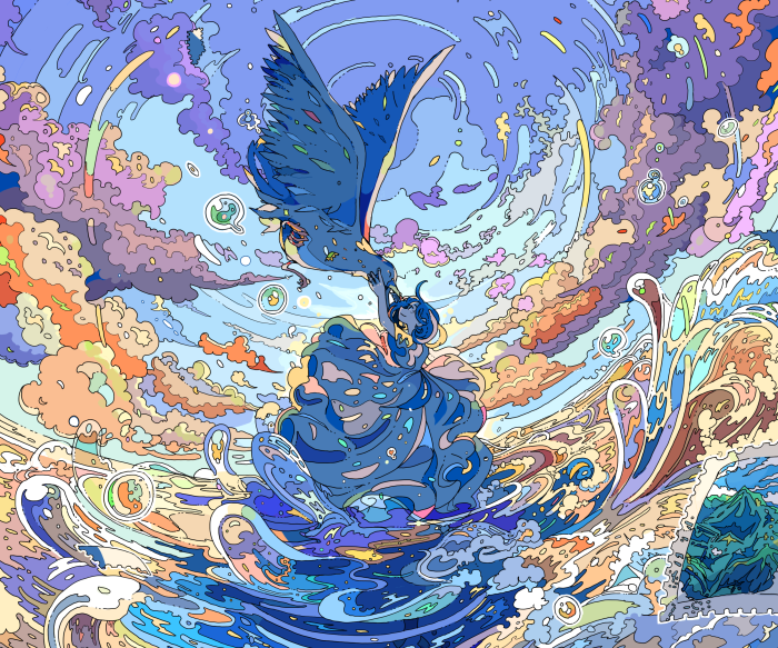 Woman and bird in a swirling sky