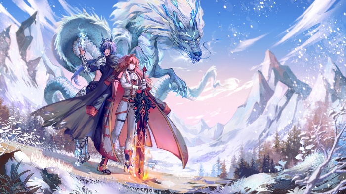 Two characters and a dragon in a snowy landscape