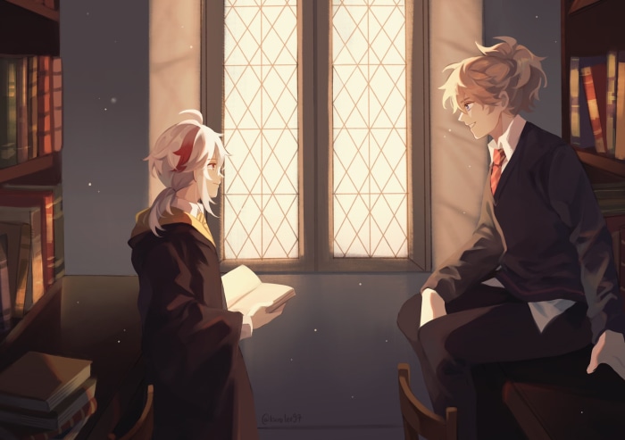 Kaedehara Kazuha from Genshin Impact in a library