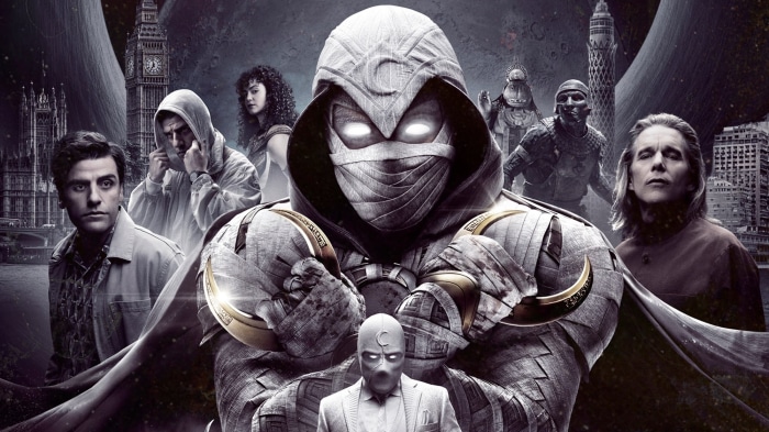 Moon Knight characters in front of London and Cairo landmarks