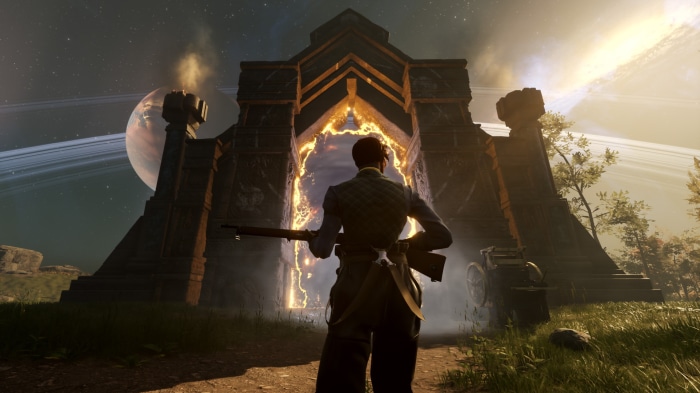 Woman with rifle in front of portal in Nightingale