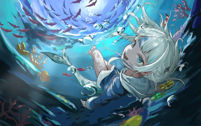 Gawr Gura from Hololive underwater with fish