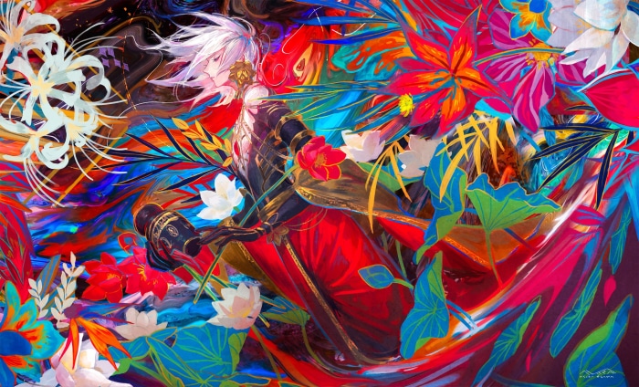Lancer of Red from Fate/Apocrypha surrounded by flowers