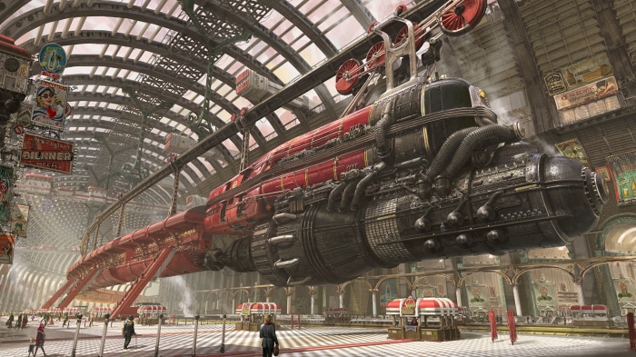 Steampunk train in a futuristic station