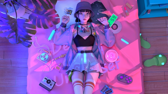 Anime girl with retro items and plants 4K