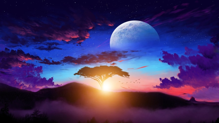 Fantasy planet with large moon and lone tree