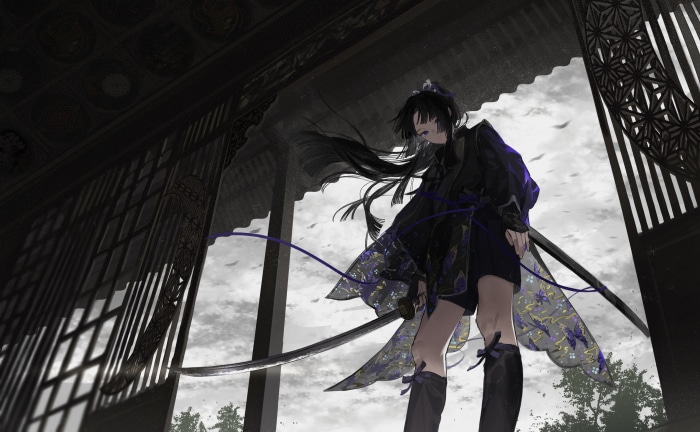 Anime girl with katana in traditional Japanese architecture