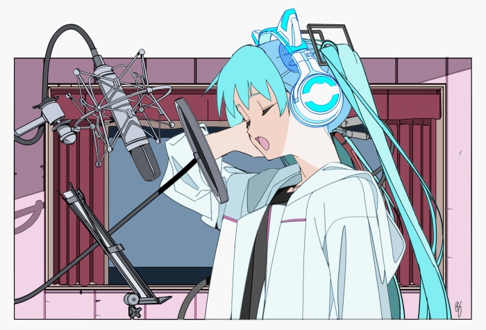 Hatsune Miku singing into a microphone in a recording studio
