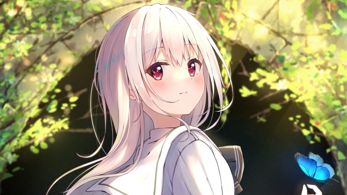 Girl with white hair and pink eyes in a forest