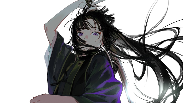 Girl with black hair and purple eyes holding a sword