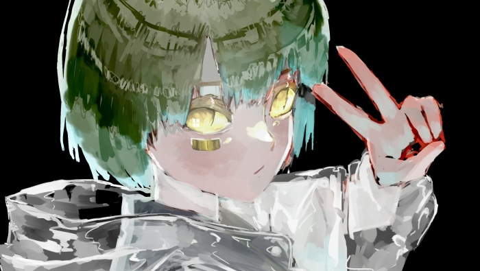 Girl with green hair making a peace sign