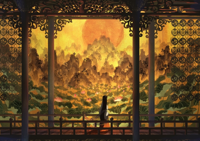 Girl in traditional Japanese setting with mountains and lotus flowers 4K