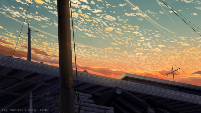 Anime sunset over rooftops with power lines