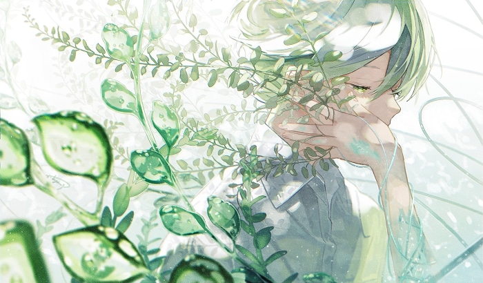 Anime boy with green hair and plants