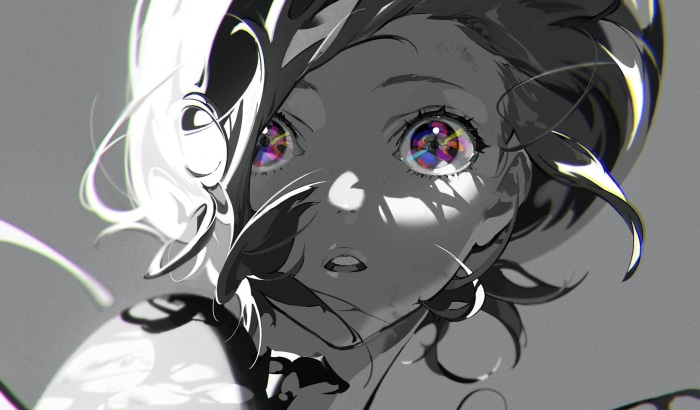 Girl with colorful eyes in grayscale