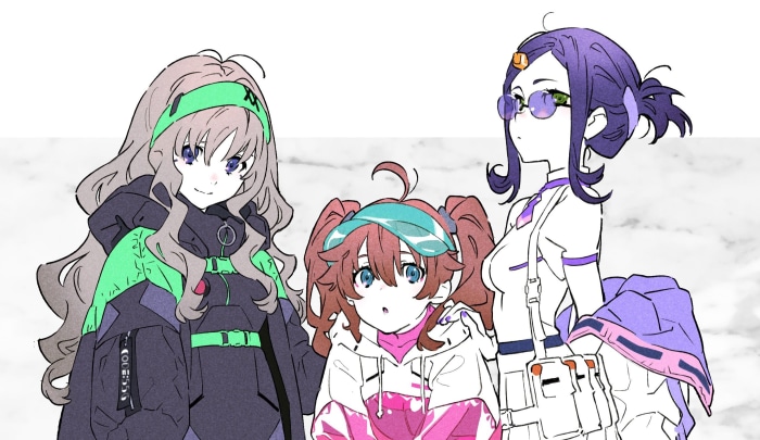Three anime girls with stylish outfits