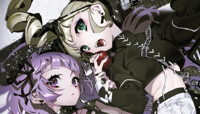 Two anime girls with an apple