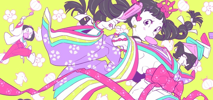 Girls in colorful kimonos with decorative elements