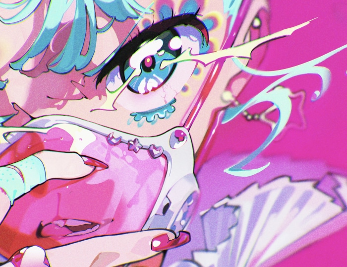 Girl wearing a mask with pink and blue accents