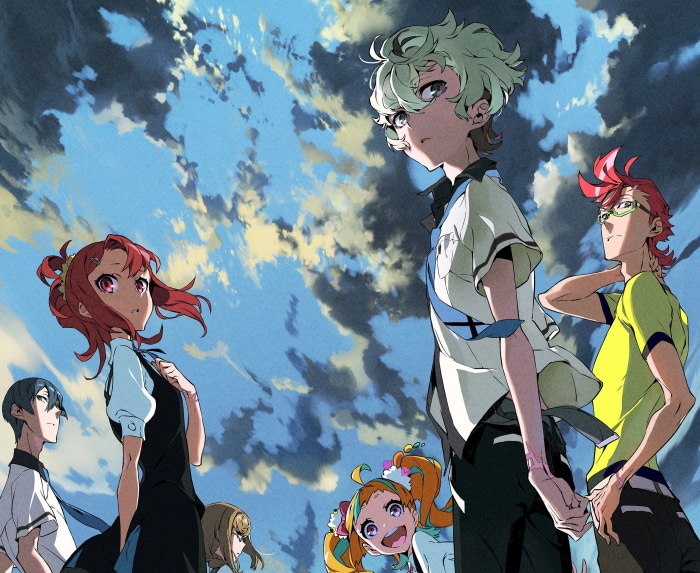 Kiznaiver characters under a cloudy sky