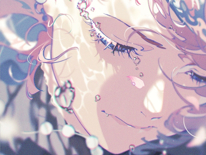 Girl with tears and water bubbles