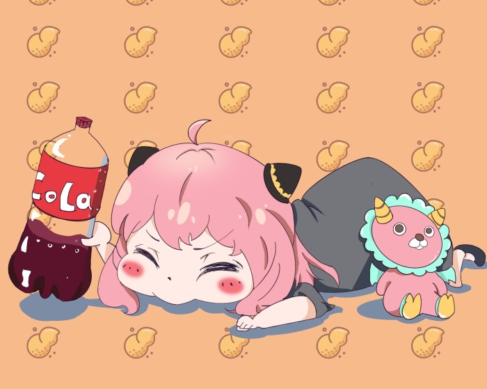 Anya Forger from Spy X Family with a cola bottle and plush toy
