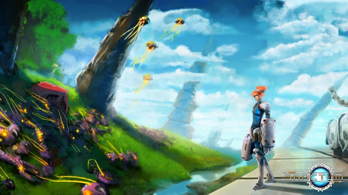 Sanctum game art with female character and alien creatures