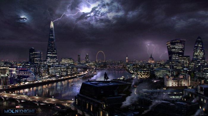 Moon Knight in London during a thunderstorm