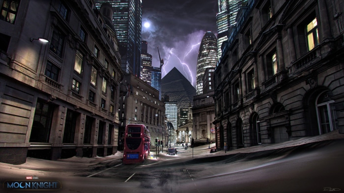 Moon Knight concept art with London skyline and pyramid