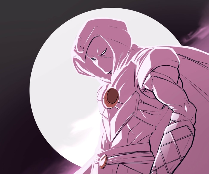 Moon Knight in front of a large moon