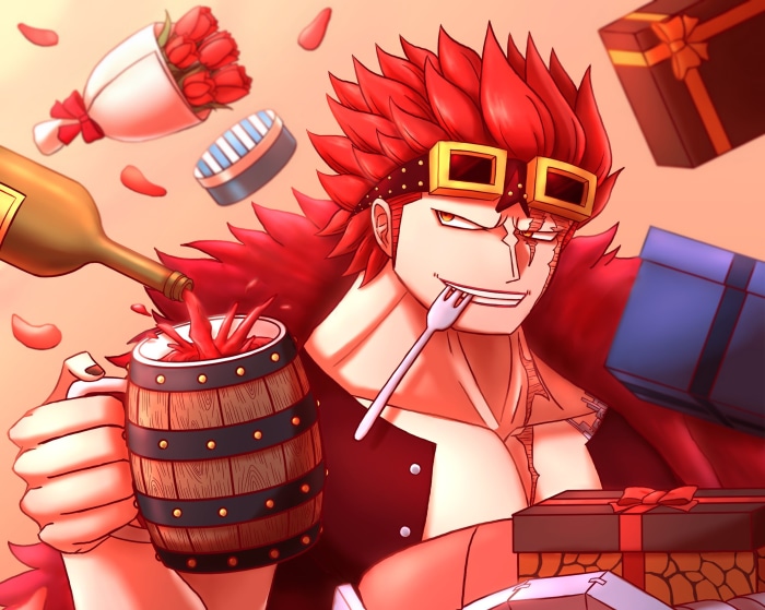 Eustass Kid from One Piece with gifts and drinks
