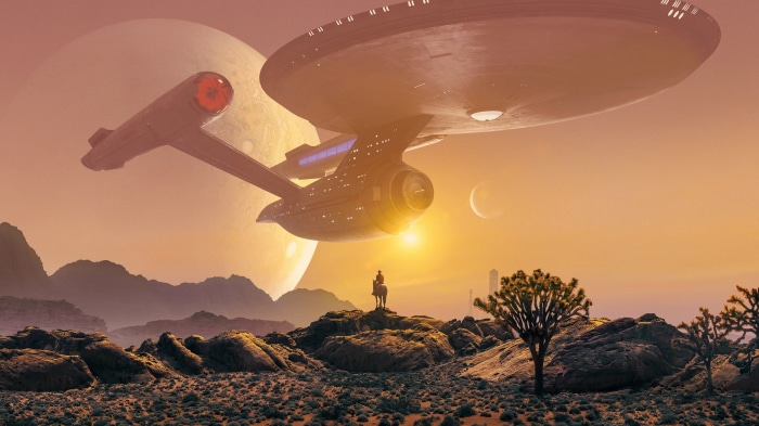 Star Trek Spaceship Over Alien Landscape with Cowboy