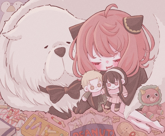 Anya Forger and Bond from Spy X Family with plush toys