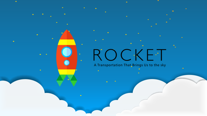 Rocket flying in starry sky with clouds