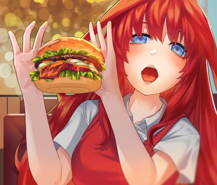 Itsuki Nakano from The Quintessential Quintuplets holding a burger