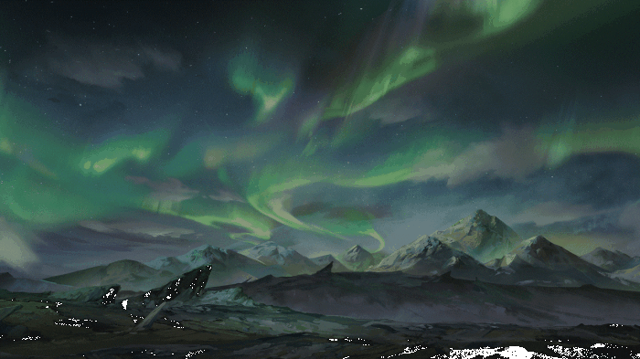 Aurora Borealis over snowy mountains