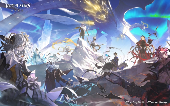 Alchemy Stars characters in a snowy landscape with a dragon