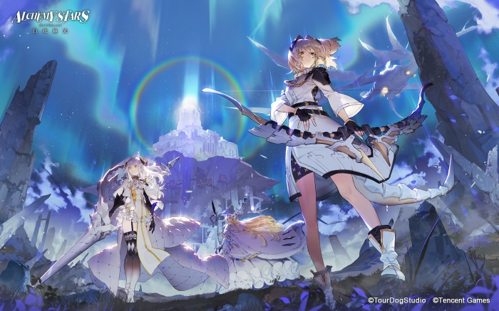 Alchemy Stars characters with aurora and castle