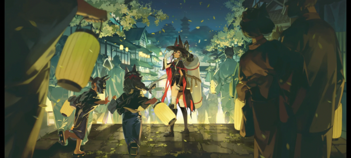 Alchemy Stars characters in a festival at night