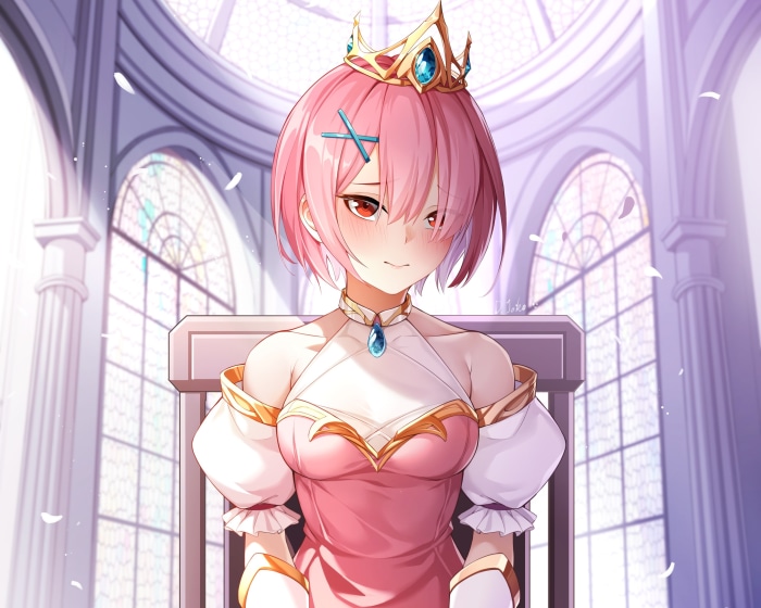Ram from Re:ZERO wearing a crown and dress