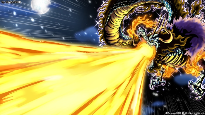 Kaido from One Piece breathing fire