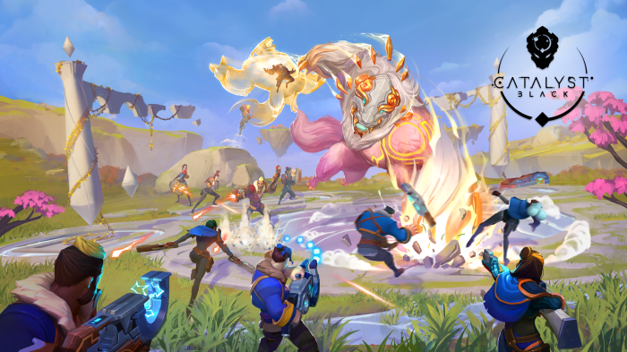 Catalyst Black characters fighting a large creature