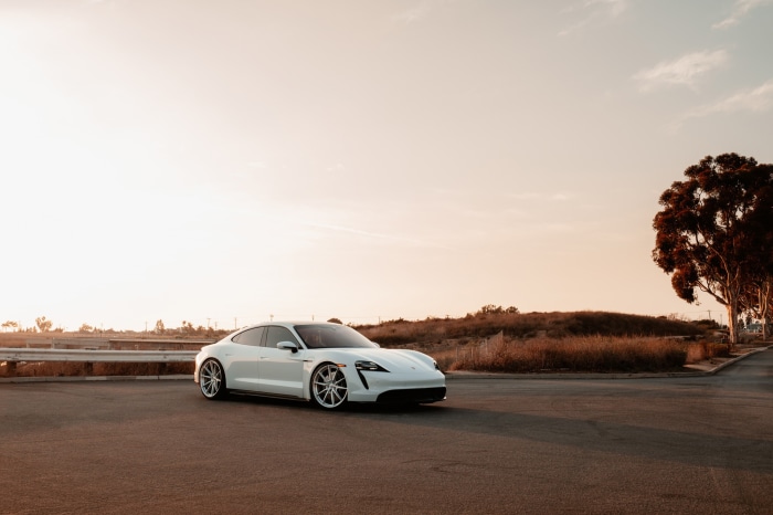 White Porsche Taycan Turbo S parked outdoors
