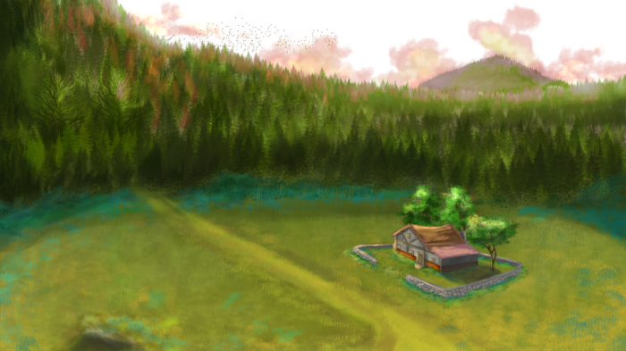 A house in a forest clearing with a mountain backdrop