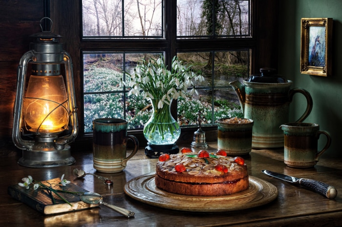 Still life photography of a cake and snowdrops