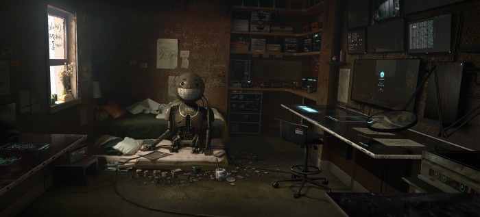 Sci-Fi Robot in a cluttered workshop