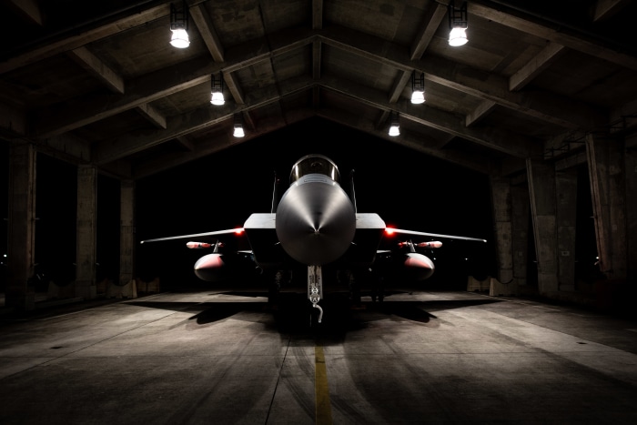 F-15 fighter jet in a hangar