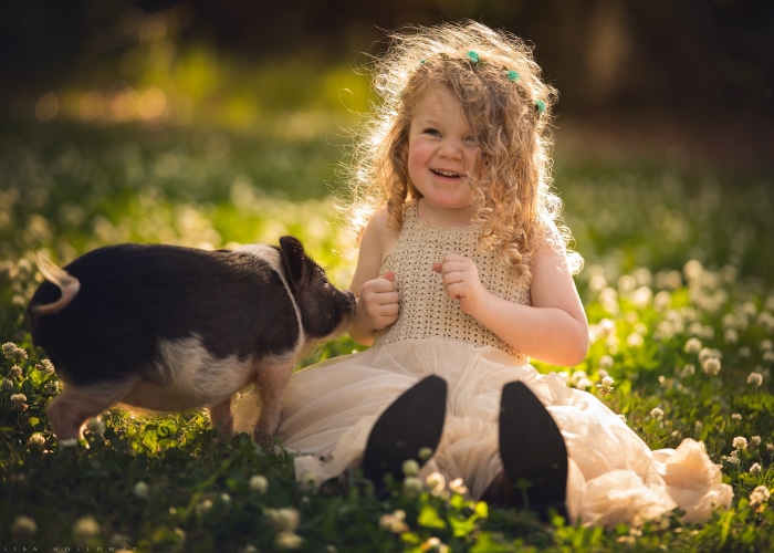 Girl with piglet in a field of flowers