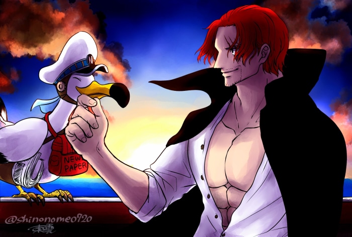 Shanks from One Piece with a Newspaper Bird